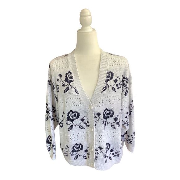 Chris Ann Originals White & Blue Floral Cardigan - Picture 1 of 3